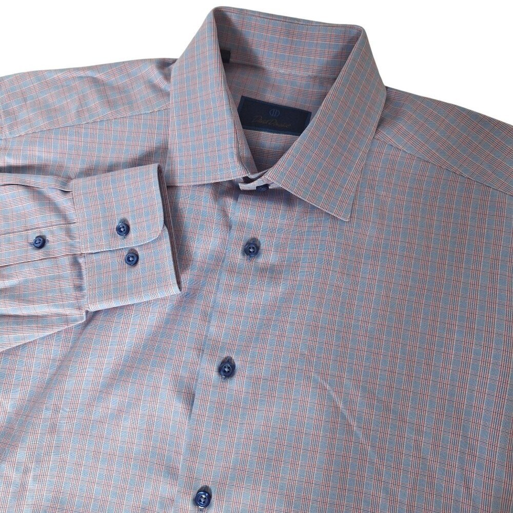 David Donahue Dress Shirt Blue Red Micro Plaid Cotton Size 16